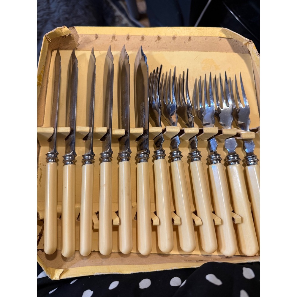 Thomas Turner & Co Sheffield England Vintage 12pc Fish Knife Fork Set Bakelite